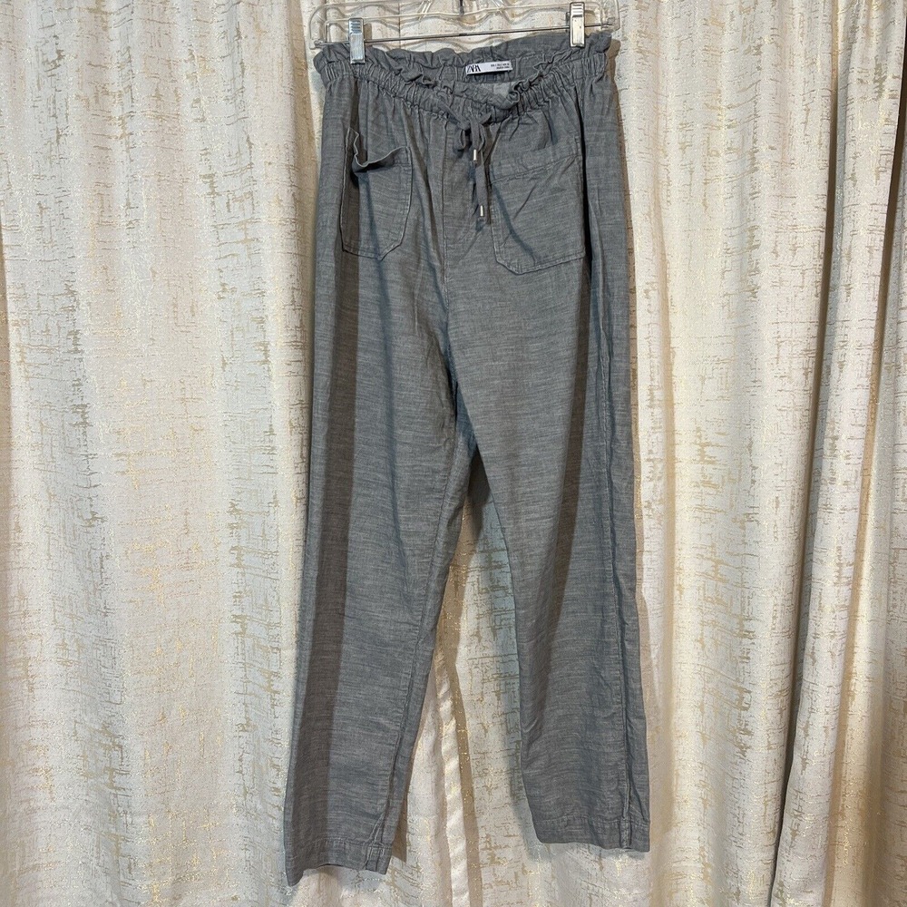 Zara Paperbag Waist Pants Women Size S Grey Textured Casual Coastal Chic Summer